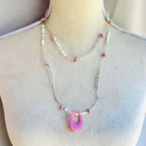 Handcrafted Clear Silver Bead with Vintage Pink and Pendant Long Beaded Wrap Nec